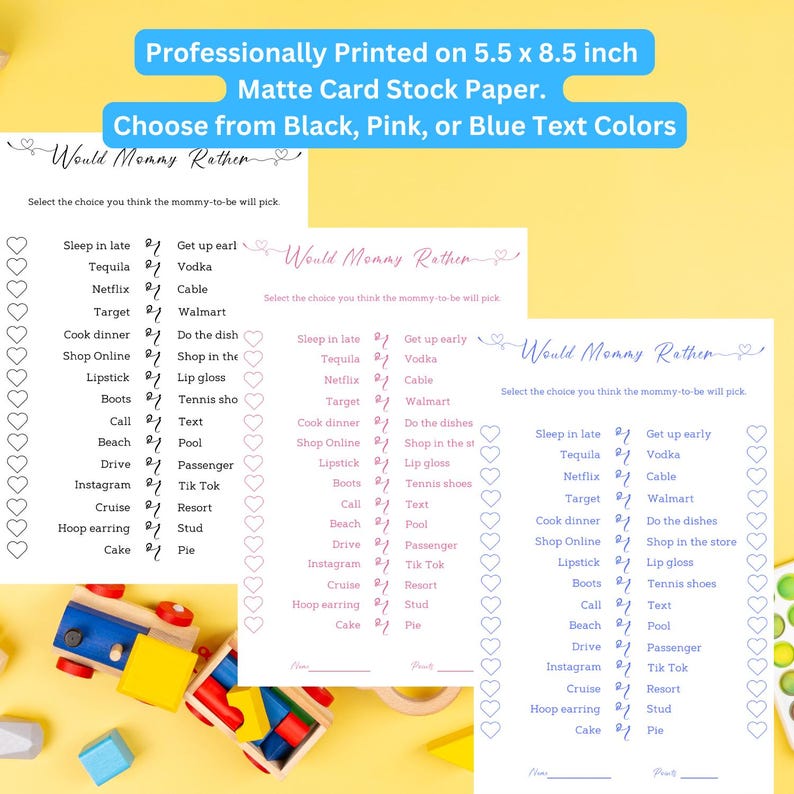 Custom Baby Shower, Printed Baby Shower Game, Baby Shower Games, Would Mommy Rather Would She Rather Minimalist Baby Shower Game Modern